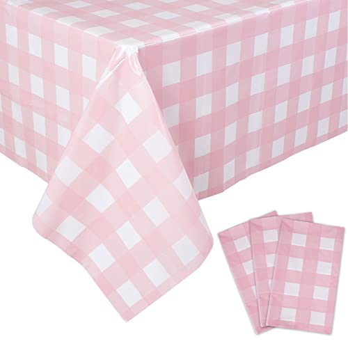 Kesfey 3 Packs Pink Gingham Tablecloth Pink and White Checkered Tablecloths 54 x 108 Inches Disposable Plastic Gingham Tab...