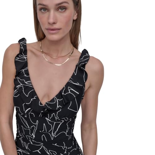 DKNY womens Ruffle V-neck One Piece Swimsuit With Tummy Control