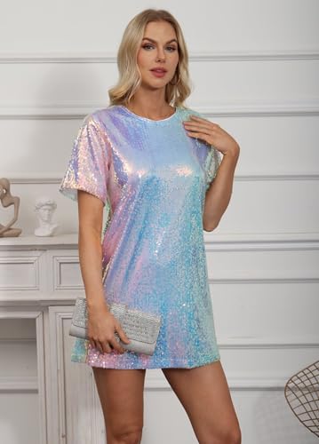 Ophestin Women's Sparkly Sequin T Shirt Dress Short Sleeve Crewneck Tie Backless Glitter Party Club Dresses
