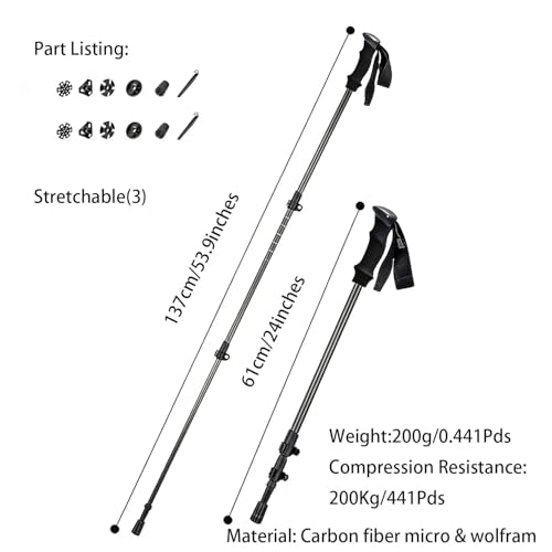 Neustrend Trekking Poles, Carbon Fiber and Wolfram, Adjustable 24-53 Inches, Lightweight 0.44 Lbs, Shock Absorbing with EV...