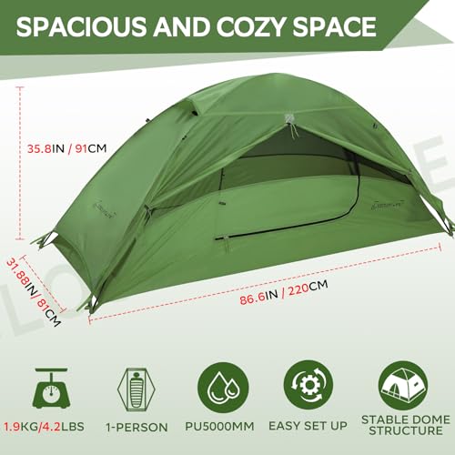 Clostnature Crux 1-Person Tent for Backpacking - 7'3'' x 2'8''x 3' Ultralight Waterproof Camping Tent with Matching Tent F...