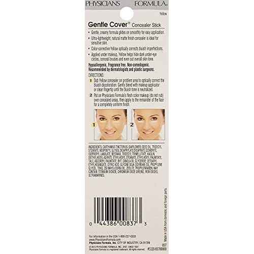 Physicians Formula Gentle Cover Concealer Stick, Yellow For Blemishes, Under-Eye Circles & Skin Imperfections