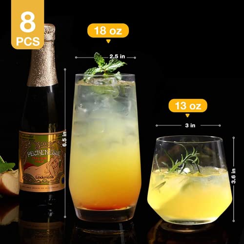 Mfacoy Drinking Glasses Set of 8-4 Tall Glass Cups 18 oz & 4 Short Stemless Wine Glasses 13 oz, Highball Glasses, Glasswar...