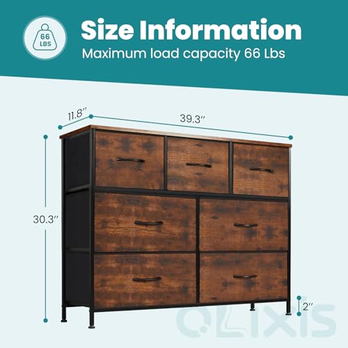 OLIXIS 7 Drawers Dresser for Bedroom, Fabric Storage Tower for Living Room, Entryway - Sturdy Steel Frame, Wooden Top & Easy Pull Fabric Bins, Closet Chests Organizer for Clothes, Classic Rust Brown