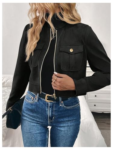 Verdusa Women's Zip Up Crop Spring Jackets Faux Suede Long Sleeve Motorcycle Cargo Jacket with Pockets