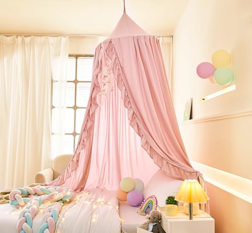 Mengersi Bed Canopy for Girls,Ruffled Canopy Bed Curtains Canopy for Girls Room,Hanging Canopy Princess Play Tent for Read...