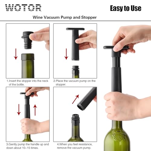 WOTOR Wine Saver Vacuum Pump with 4 Stoppers, Wine Stopper & Preserver, Reusable Bottle Sealer Keeps Fresh, Ideal Accessor...