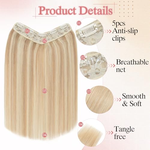 One Pieces Clip in Hair Extensions Human Hair Upgraded V-Shaped 5 Clips in Hair Extensions Human Hair Long One Piece Hairpiece for Women,16 Inch,#18P613 Gold Blonde Mixed Bleach Blonde,65g