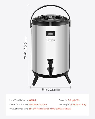 VEVOR Insulated Beverage Dispenser, 3.2 Gal/12L Stainless Steel Thermal Drink Server with Spigot & Temp Display, Suitable ...