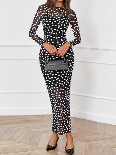 BTFBM Spring Dresses for Women 2026 2 Piece Set Long Sleeve Polka Dot Sexy Bodycon Mesh Dress and Slip Dress Wedding