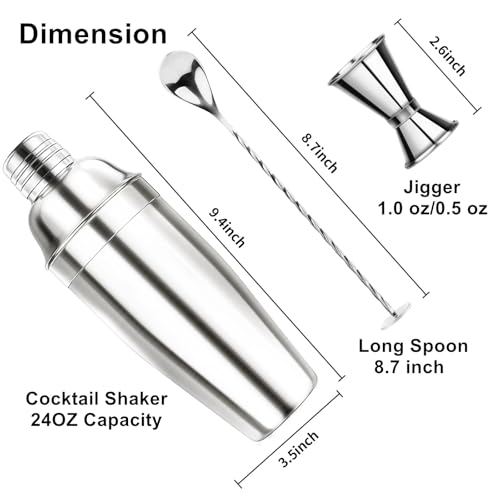 Ohtomber 24OZ Cocktail Shaker Set - Cocktail Bar Martini Drink Shaker Set with Strainer, Stainless Steel Bartender Kit Dri...