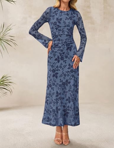 ZESICA Women's Long Sleeve Floral Bodycon Dress 2026 Spring Fall Ruched Mesh Wedding Guest Cocktail Party Maxi Dresses