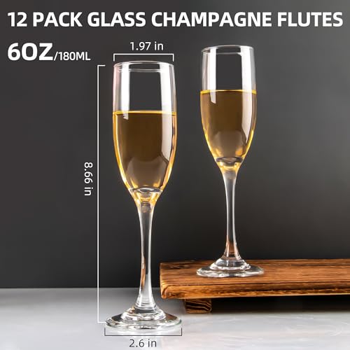 Classic Champagne Glasses Set of 12, 6oz Glass Champagne Flutes, Stemmed Champagne Flutes, Sparkling Wine Glass for Party,...