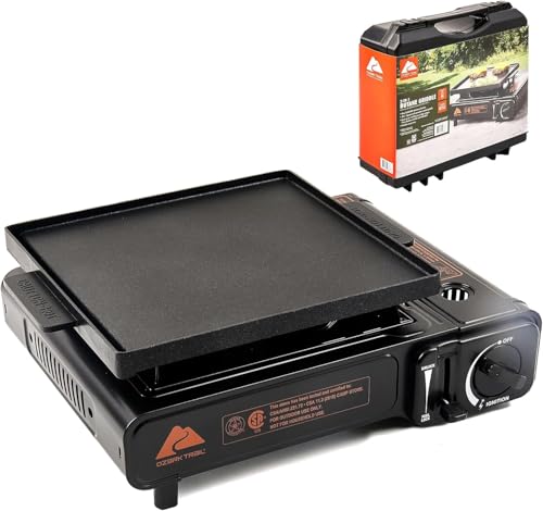 Ozark Trail 2 in 1 Butane Griddle Black, 7650 BTU Piezo-Electric Cast Aluminum Plate, Compact Lightweight Portable Grill f...