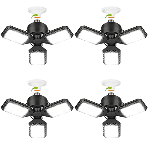 4 Pack Led Garage Lights, 60W Deformable Garage Ceiling Light 8000 lm E26 Basement Lights with 3 Adjustable Led Panels, Fi...