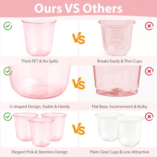 GGOLDMER 50 PCS Pink Plastic Cups - 12oz Disposable Stemless Wine Glasses, Clear Pink Cocktail Party Cups for Valentine's ...