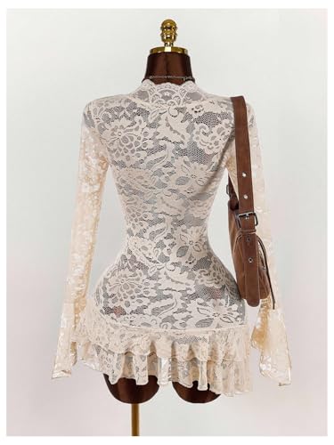 Milumia Women's Lace Ruffle Layer Sheer Mini Dress Deep V Neck Long Sleeve Short Dresses