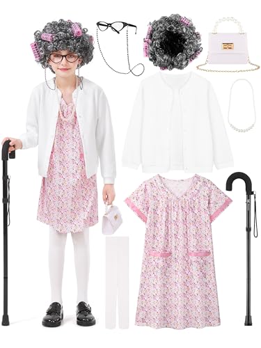 FancyFun 8 Pieces Old Lady Costume for Girls, 100 Days of School Costume for Kids Grandma Wig Granny Dress Cosplay Outifits