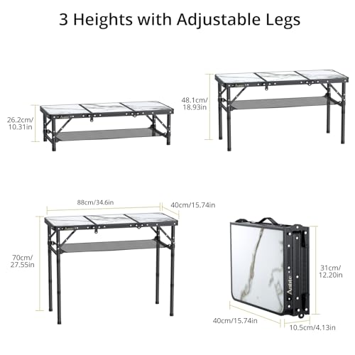 Anbte Folding Camping Table, Aluminum Small Folding Table 3 Adjustable Height Max 27.5", Portable Table with Carry Handle,...