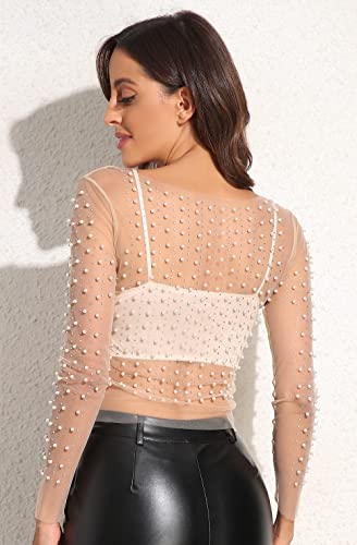 Women's Pearl Rhinestone See Through Long Sleeve Mesh Blouse One Piece Cover Up Halloween Festival Crop Top
