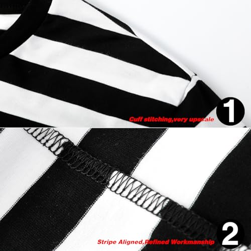 LEDING Mens Shirt Striped Black White Cotton Spandex Crewneck Long Sleeve Basic Pullover Stripe Casual Crew Tee Shirt