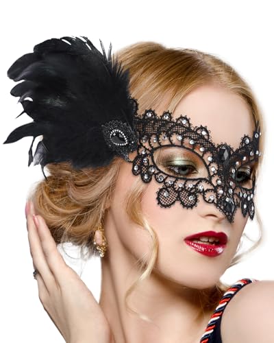 Zinniday Halloween Feather Masquerade Masks - 1920s 50s Antique Lace Venetian Mask for Women Renaissance Cosplay Party