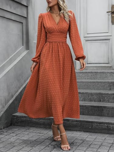 Mettclasi Women's Spring Fall Swiss Dot V Neck Maxi Dress Casual Puff Long Lantern Sleeve A-Line Flowy Dress