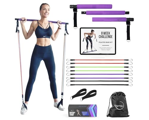 Portable Pilates Bar Kit with Resistance Bands (20, 30, 40, 50 LB) - 8 Week Video Program - Premium Quality Home Equipment...