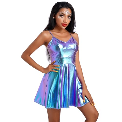 ABAFIP Women Shiny Holographic Sleeveless V-Neck High Waist Rave Disco Dance Party Music Festival Dress 70s Outfit