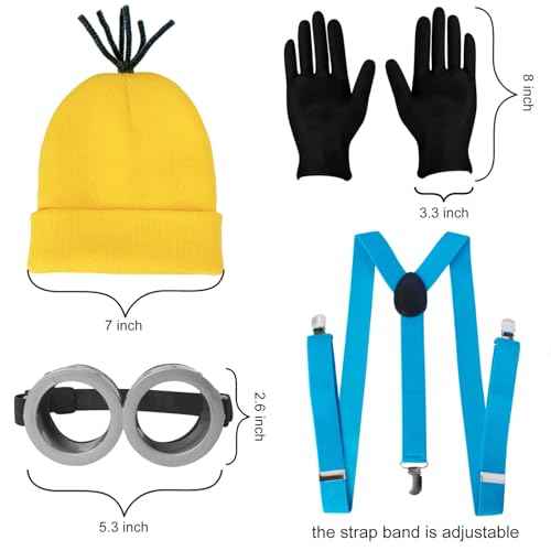4 Pcs Halloween Costume Accessories Adults-Yellow Beanie Hat/Goggles/Gloves/Suspenders for Halloween Dress Up