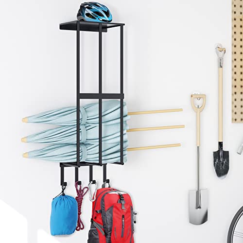 Camping Chair Wall Storage for Garage, Metal Camping Chair Storage Rack Wall Holder, Floating Shelf, 4 Hooks, Stainless St...