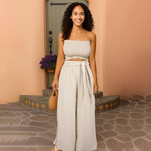 WXN Womens Two Piece Outfits Tie Front Bandeau Crop Top and Wide Leg Pants Set Vacation Summer Outfits with Pockets
