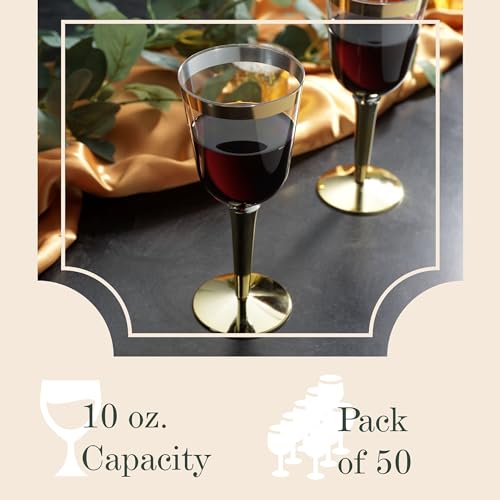 BloominGoods Disposable Wine Glasses With Stem, 10 Oz. Gold Rim Plastic Wine Glasses For Parties, Weddings, Large Clear Wi...