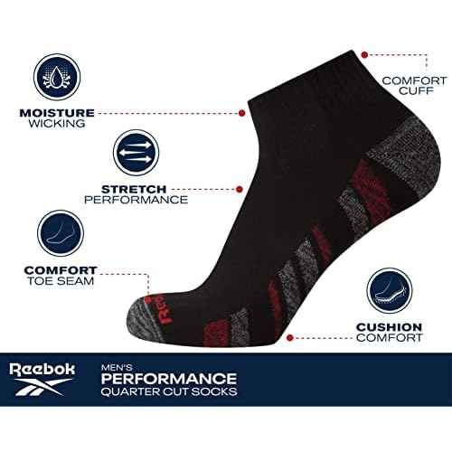 Reebok Mens Quarter Socks - 12 Pack Performance Stretch Moisture Wicking Athletic Running Ankle Socks for Men