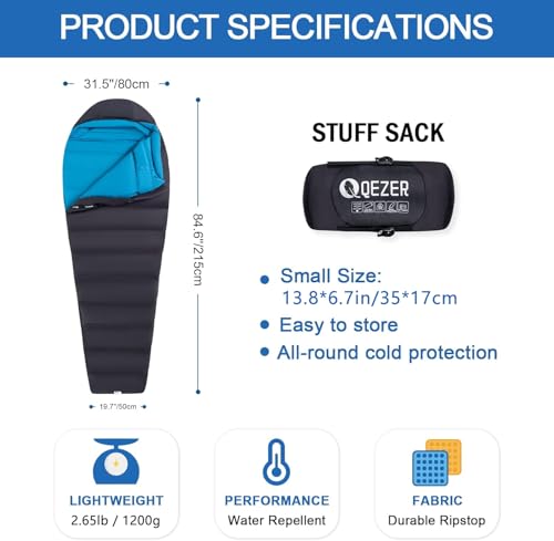 QEZER Down Sleeping Bag for Adults 0°F 10°F 15°F 20°F Backpacking Sleeping Bag for Cold Weather with Compression Sack