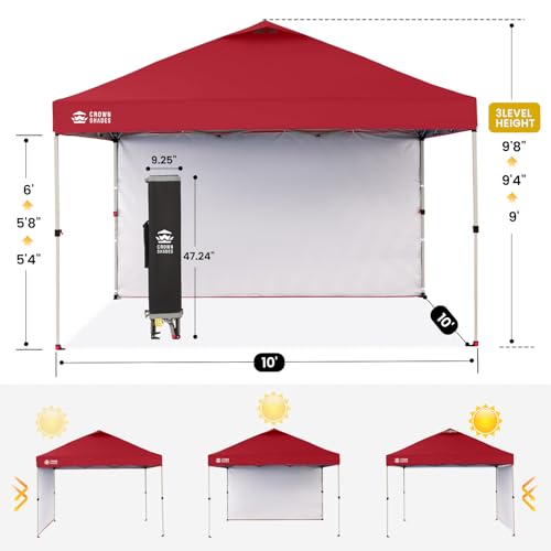 CROWN SHADES 10x10 Pop Up Canopy with 1 Side Wall - Beach Tent with One Push Setup - Outdoor Sun Shade for Events, Partie...