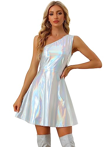 Allegra K Sparkle Dress for Women's Disco Party One Shoulder Sleeveless Holographic Metallic Dresses
