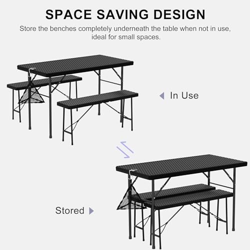 VECELO Dining Table Set for 4, Faux Rattan Card Folding Dinette for Small Space with 2 Benches, Kitchen/Breakfast Nook/Liv...
