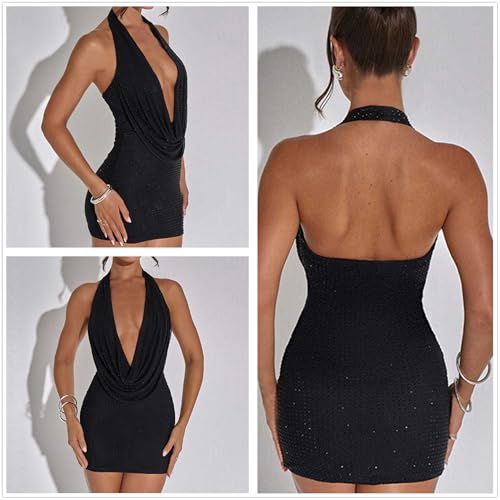 Women Sexy Sparkly Dots Prom Dress Halter Deep V Neck Ruched Backless Bodycon Mini Dress
