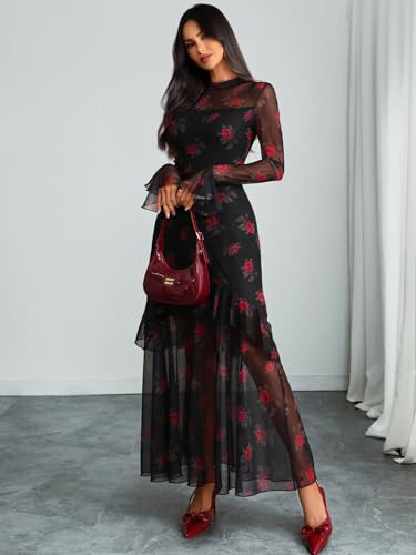 GothDark Womens Floral Maxi Dress Sheer Mesh Bell Sleeve Tiered Ruffle Gothic Romantic Casual Long Dresses