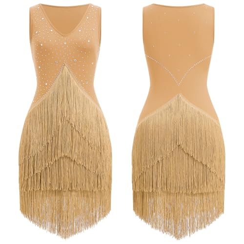 IWEMEK Rhinestones Fringe Tassel Latin Dance Dress for Women Competition Ballroom Dance Costumes Tango Salsa Flapper Dresses
