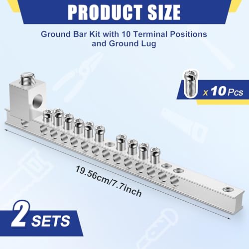 Relaxweex 2 Set Ground Bar Kit with 10 Terminal Positions and Ground Lug Bar Aluminum Grounding Lugs for Electrical Connec...