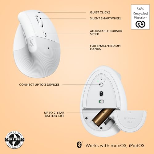 Logitech Lift for Mac Wireless Vertical Ergonomic Mouse, Bluetooth, Quiet Clicks, Silent Smartwheel, 4 Customizable Button...
