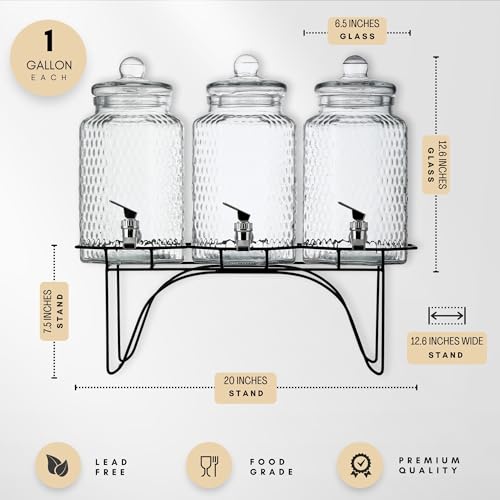 Drink Dispenser Set of 3 - Beverage Dispenser with Stand - Glass Drink Dispensers for Lemonade, Juice, Water, Iced Tea, Pu...