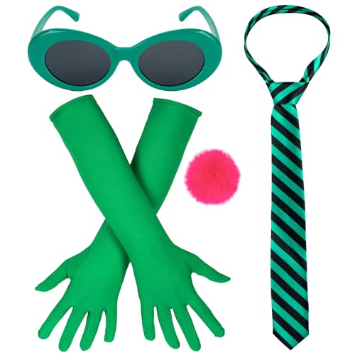 Eybila 4 Pcs Halloween Costume Accessories Stripe Tie Green Sunglasses Long Gloves Pink Pom Pom Balls Pin Cosplay Party