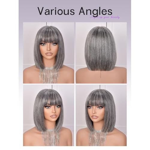 Bob Wig Human Hair 210% Density Bob Wig with Bangs 100% Human Hair Wigs for Black Women Pre-Bleached Glueless Straight Bob Wigs(10Inch)