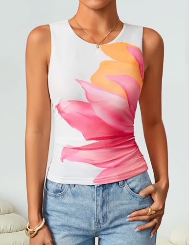 ZESICA Women's 2026 Summer Sleeveless Floral Tank Tops Mesh Y2K Crop Going Out Outfits Beach Vacation Trendy Clothes