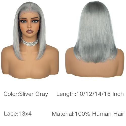 16 Inch Silver Grey Short Straight Bob Wigs Human Hair Short Straight Grey Bob Wig 13x4 HD Lace Front Bob Wigs 180% Density Pre Plucked With Baby Hair for Women