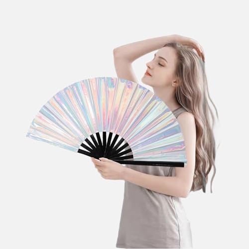 EORROE Large Rave Folding Hand Fan for Men/Women,Holographic Rave Fan for Women Club Dance Party,Festivals,Halloween, EDM,...