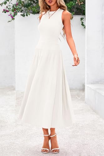 PRETTYGARDEN Spring Casual Dresses for Women 2026 Summer Business Work Midi Sleeveless A Line Pleated Cocktail Dress